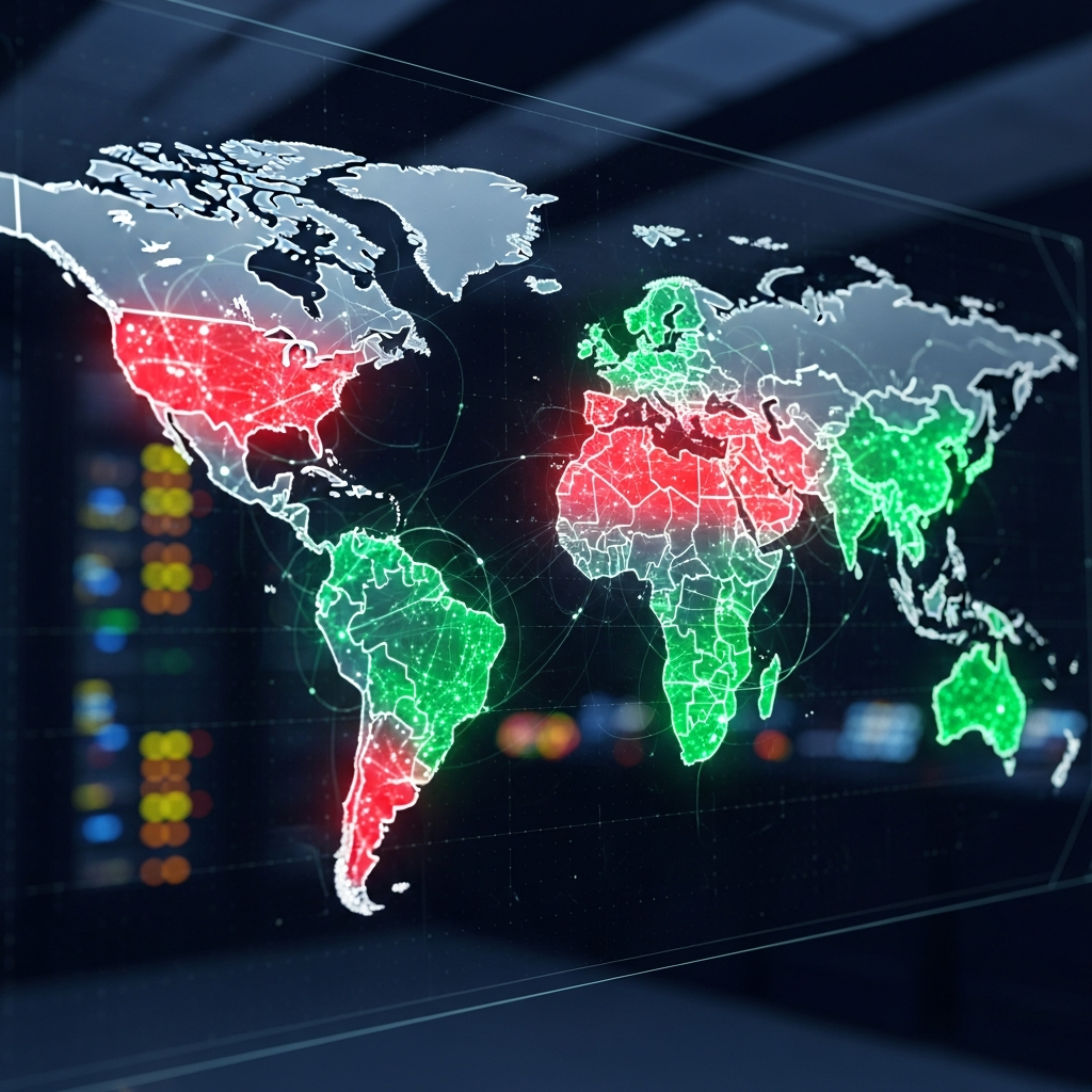 world map with glowing regions, dark tech aesthetic, red and green highlights on continents, franchise territory visualization, futuristic style